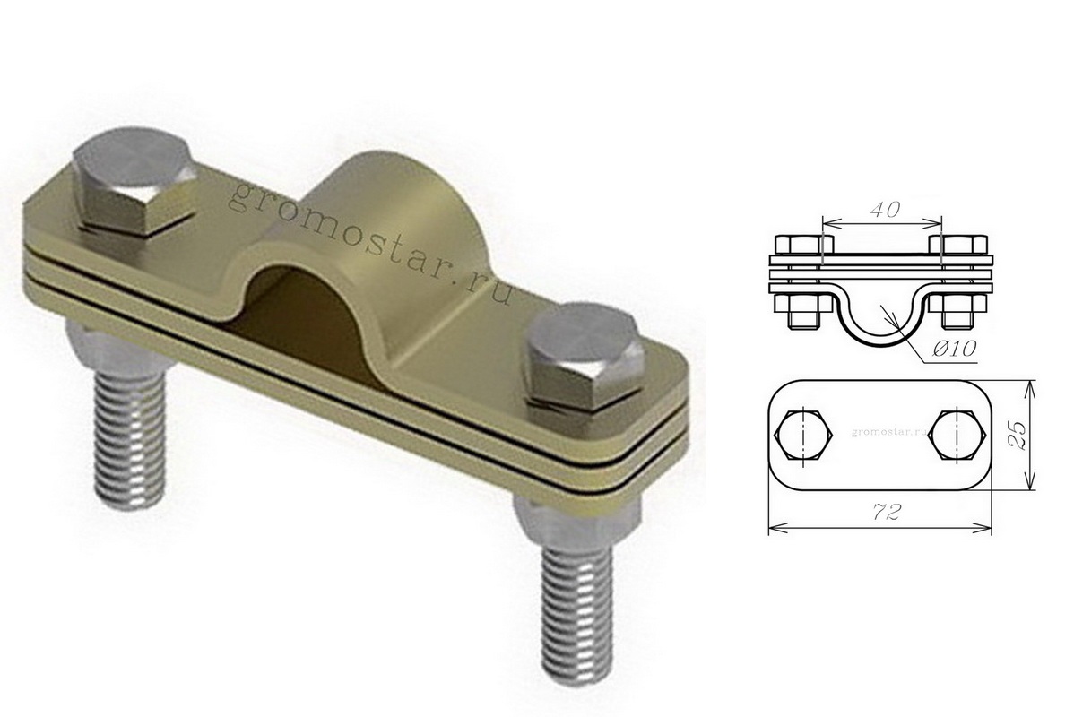 Соединитель параллельный с пластиной для проводника круглого Ø10 мм и плоского до 40 мм из латуни