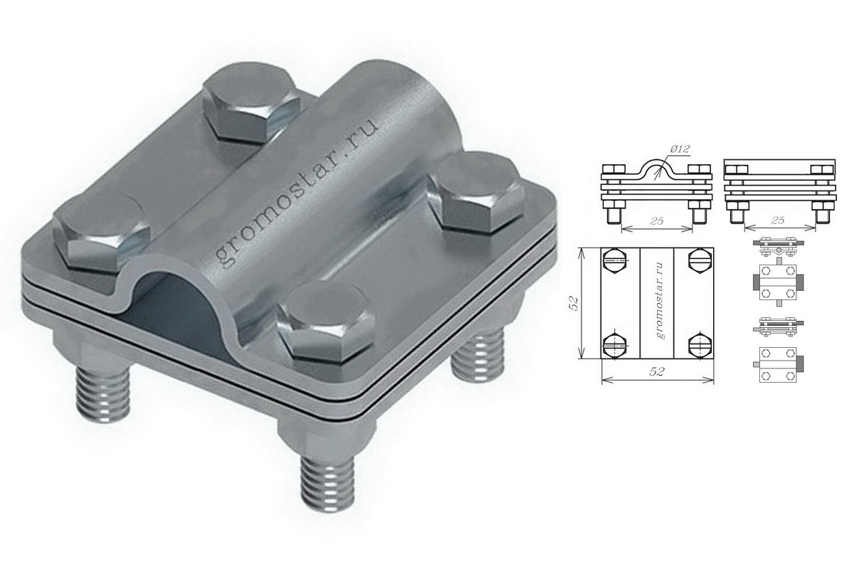 Соединитель универсальный с пластиной для проводника круглого Ø12 мм и плоского до 25 мм из нержавеющей стали