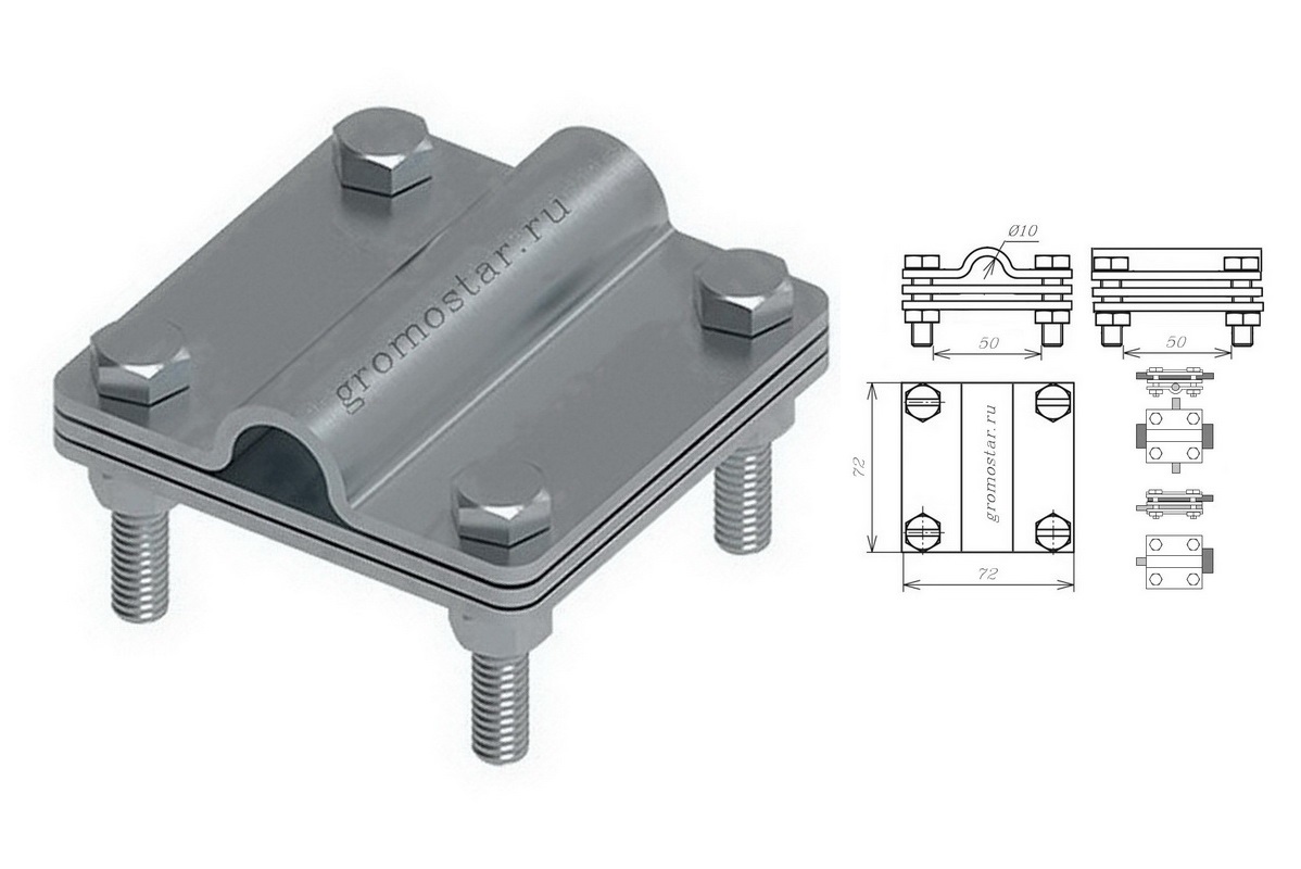 Соединитель универсальный с пластиной для проводника круглого Ø10 мм и плоского до 50 мм из нержавеющей стали