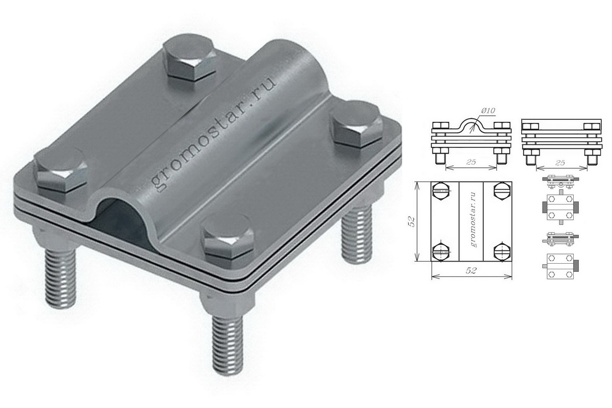 Соединитель универсальный с пластиной для проводника круглого Ø10 мм и плоского до 25 мм из нержавеющей стали