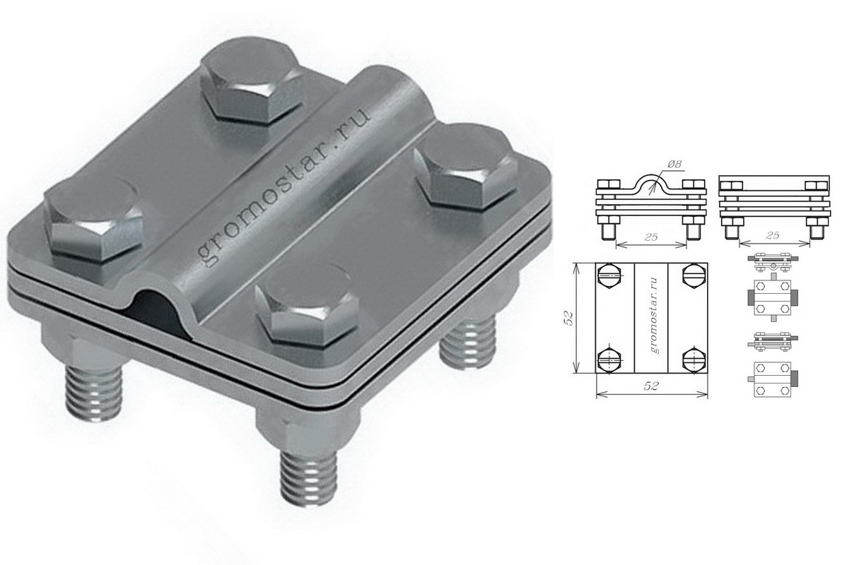 Соединитель универсальный с пластиной для проводника круглого Ø8 мм и плоского до 25 мм из нержавеющей стали