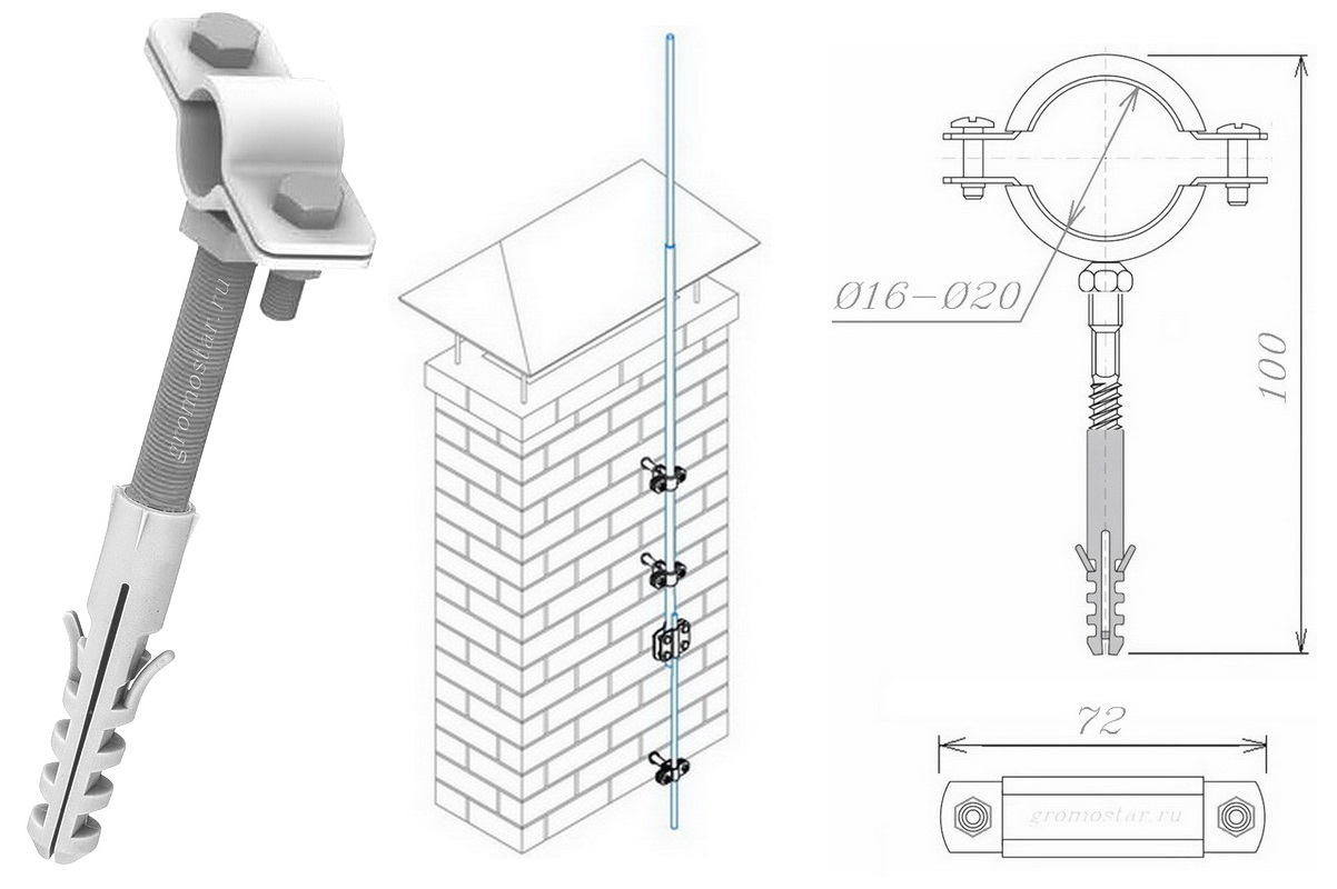 Крепление стеновое с дюбелем для молниеприёмника Ø16-Ø20 мм. Расстояние от стены 100 мм.