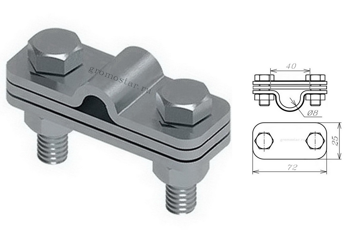 Соединитель параллельный с пластиной для проводника круглого Ø8 мм и плоского до 40 мм из нержавеющей стали