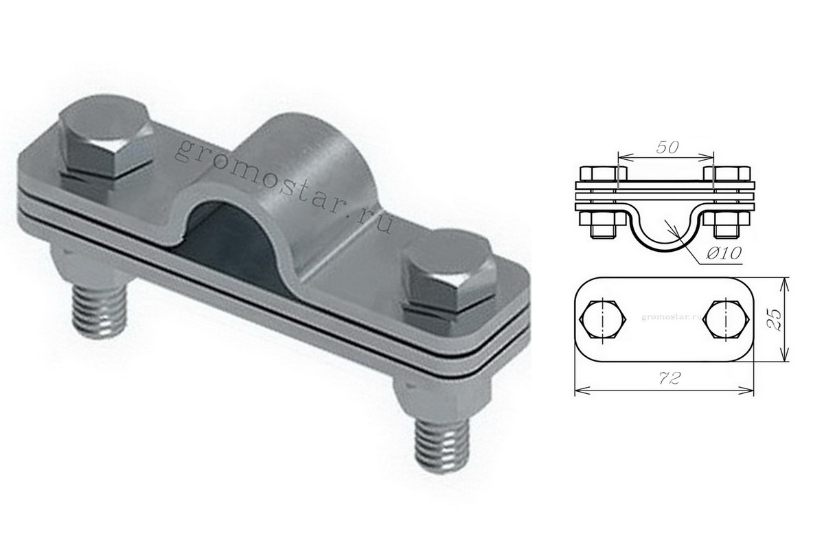 Соединитель параллельный с пластиной для проводника круглого Ø10 мм и плоского до 50 мм из нержавеющей стали