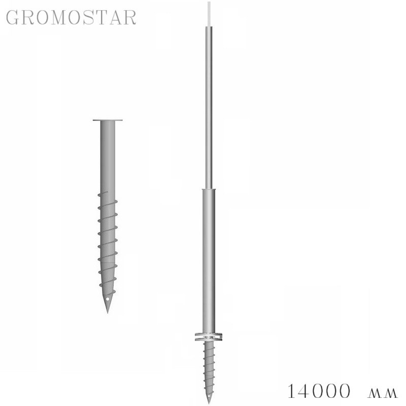 Отдельно стоящая молниеприемная мачта 14 метров на свае с откидным креплением для ручной установки