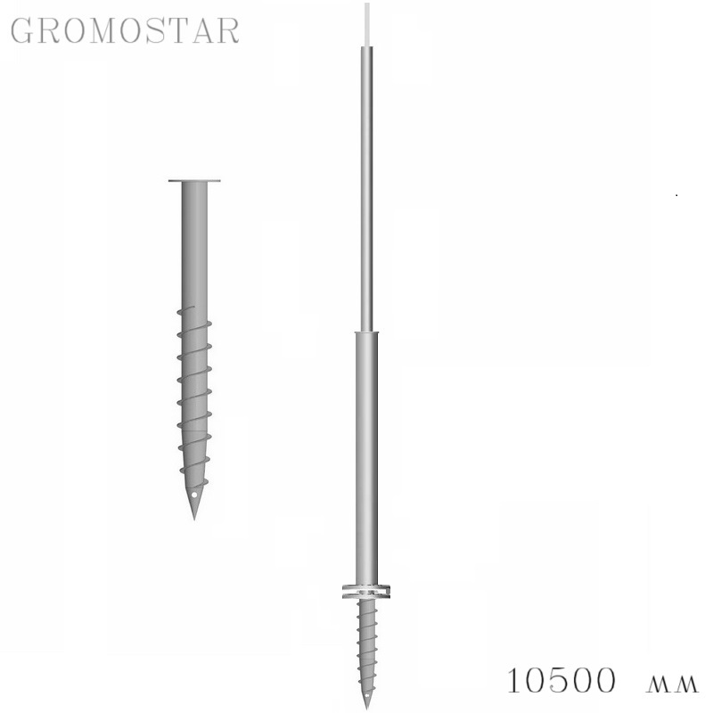 Отдельно стоящая молниеприемная мачта 10,5 метров на свае с откидным креплением для ручной установки