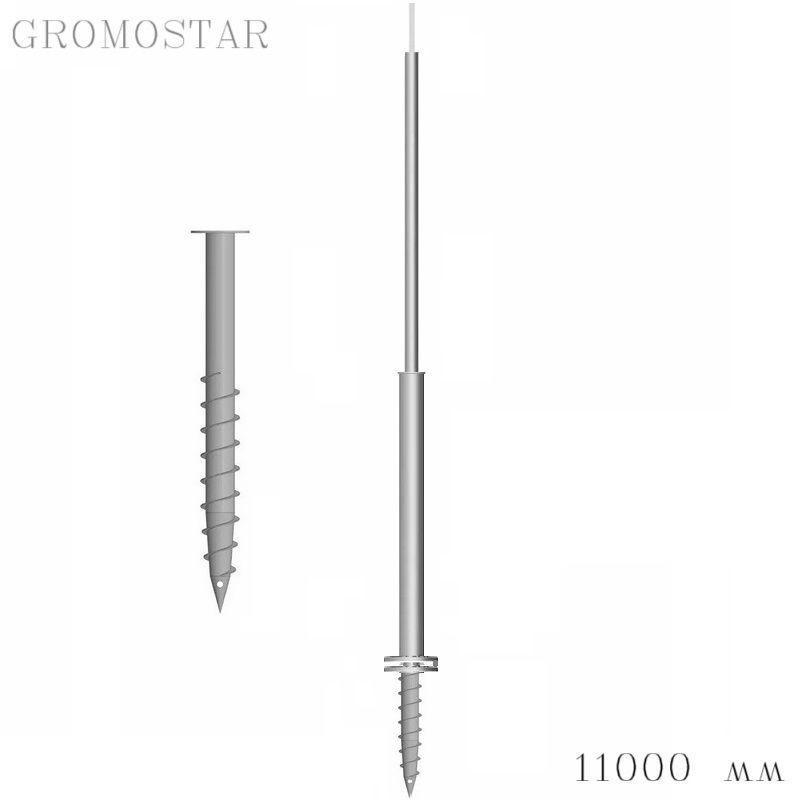 Отдельно стоящая молниеприемная мачта 11 метров на свае с откидным креплением для ручной установки