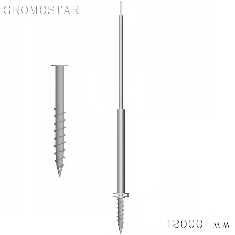 Отдельно стоящая молниеприемная мачта 12 метров на свае с откидным креплением для ручной установки
