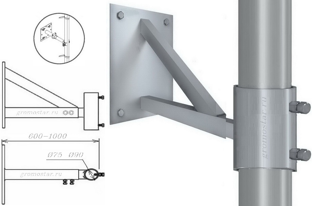 Крепление телескопическое на стену для мачты Ø75-Ø90 мм. Расстояние от стены 600-1000 мм. из нержавеющей стали