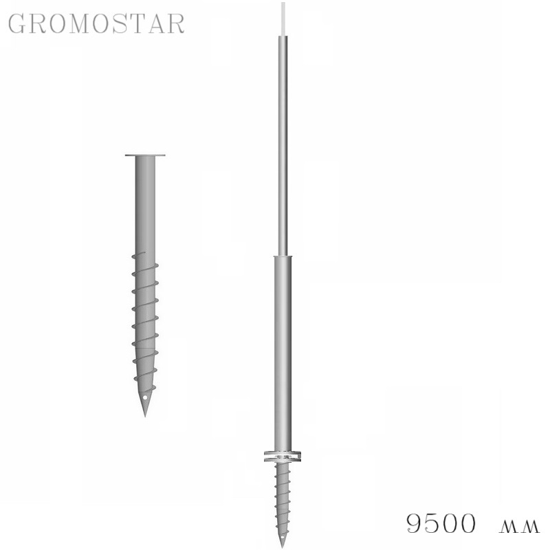 Отдельно стоящая молниеприемная мачта 9,5 метров на свае с откидным креплением для ручной установки