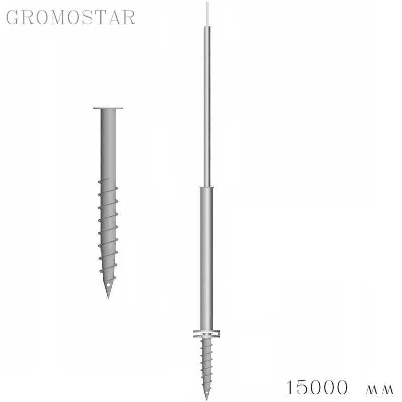 Отдельно стоящая молниеприемная мачта 15 метров на свае с откидным креплением для ручной установки