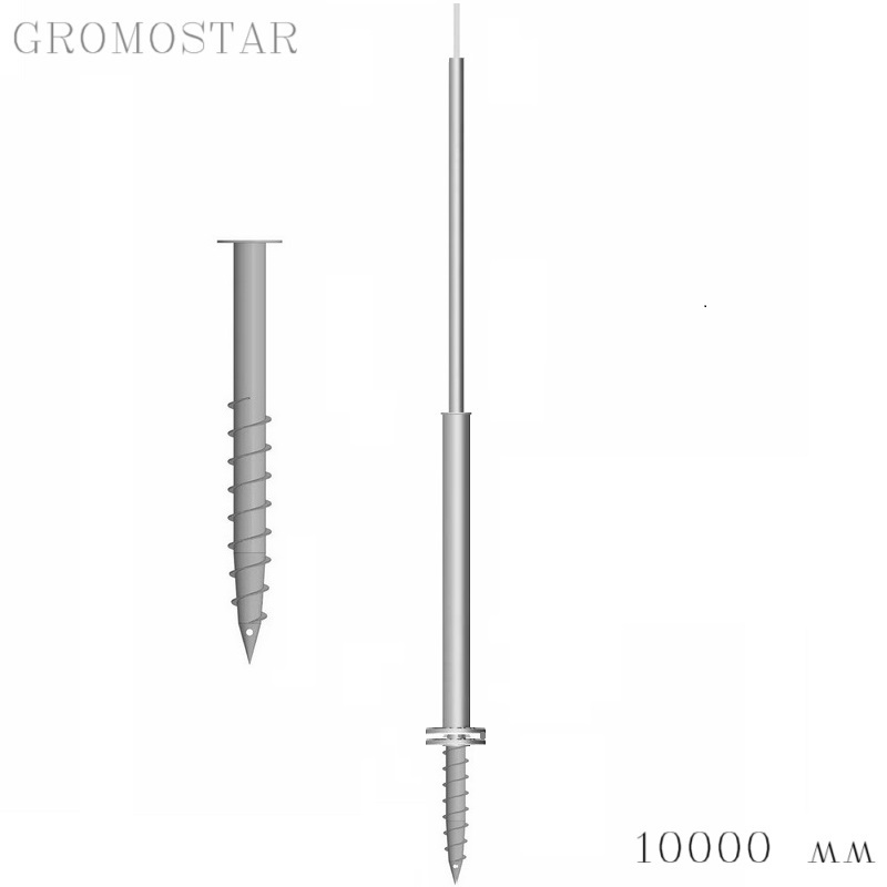 Отдельно стоящая молниеприемная мачта 10 метров на свае с откидным креплением для ручной установки