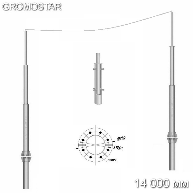 Мачта 14 метров для тросового молниеприёмника с закладной на грунт